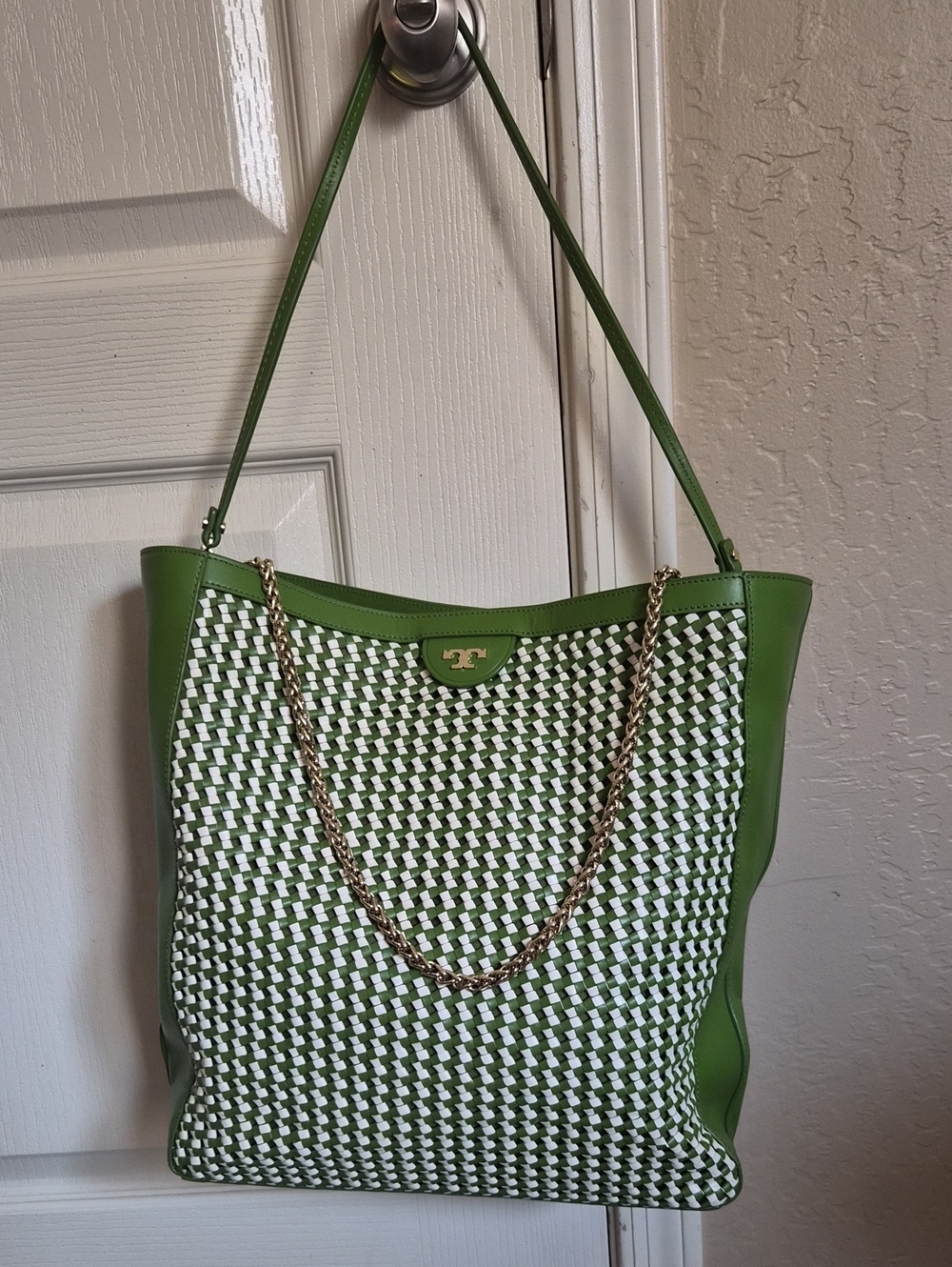 Tory Burch Erica Hobo Green Leather Woven Tote Bag with Gold Chain Accent